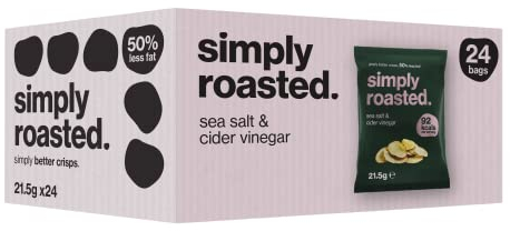 Simply Roasted - Sea Salt & Vinegar Crisps | 24 x 21.5g Impulse Bags | Tangy & Salty | Vegan | 50% Less Fat | Under 99 Cals Per Serve | Triple Cooked for the Ultimate Crunch | Gluten & Allergen-Free