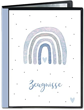 Minilino Zeugnismappe 20 Klarsichthüllen A4 [SCHUTZ UND AUFBEWAHRUNG VON ZEUGNISSEN] Dokumentenmappe für Unterlagen in der Grundschule | Ordner für Zeugnisse - für Jungen (Regenbogen blau)