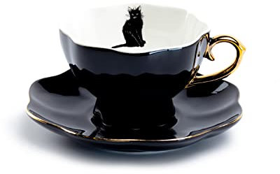Grace Teaware Black Cat Fine Porcelain Tea Cup and Saucer with Hand Painted Gold Trim Halloween, Black White and Gold