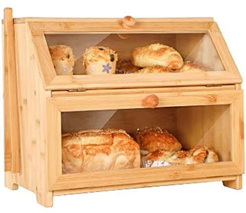 ABGRC Panera de Doble Capa, panera de Madera para encimera de Cocina, Soporte para Pan de Gran Capacidad con Ventanas de Vidrio