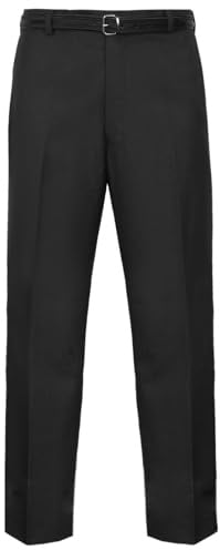 Mens Formal Classic Trousers Tailored Fit Vintage Casual Business Office Work Home Belted Waist Band Smart Dress Pants Straight Leg Flat Front Everpress Easy Care Slant Pockets (Black, 32/33)