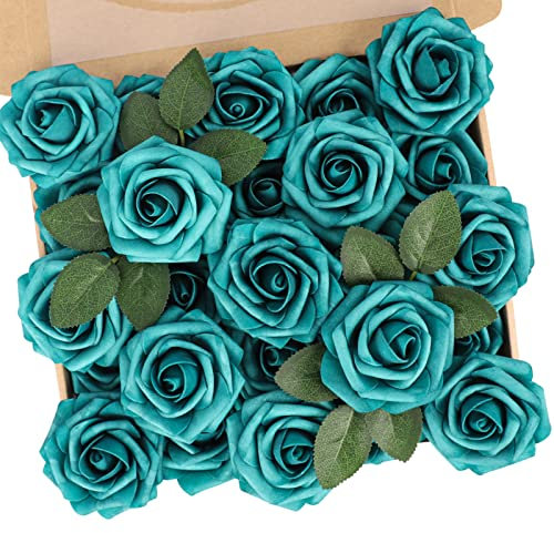 N&T NIETING Künstliche Blumen Rosen, 25 Stück Rosen Deko mit Stielen, Fake Rosen für Hochzeitsfeier, Valentinstag, Muttertag, Babyparty, Zuhause Dekoration, Malachite Grün