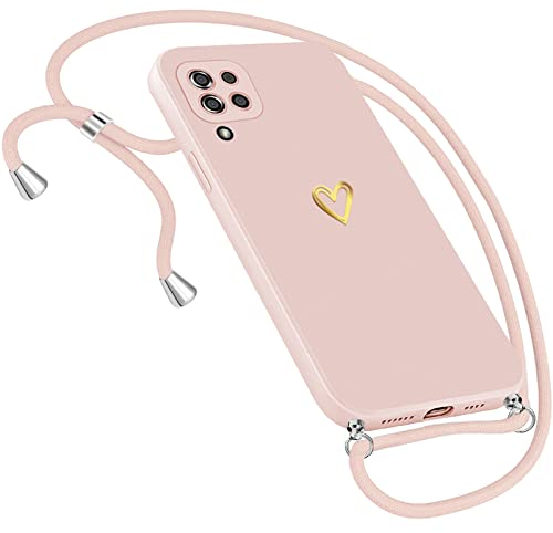 Handykette Hülle für Samsung Galaxy A12 Hülle Necklace, Herz Motiv Muster Handyhülle für Samsung Galaxy A12 Hülle mit Band Kordel zum Umhänge Band Ultradünn Hülle für Samsung A12 Handykette (Rosa)