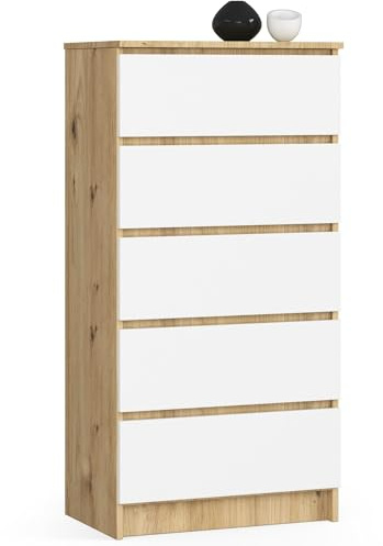 AKORD Kommode K60 mit 5 Schubladen | für das Wohnzimmer Schlafzimmer Schrank Büro Arbeitszimmer | Modernes Funktionales Design | B60 x H121 x T40 cm, Gewicht 39kg | Kunsthandwerkliche Eiche | Weiß