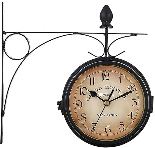 Retoo Orologio da parete double face, resistente alle intemperie, stile retrò, colore: nero, in ferro decorativo con supporto, per esterni, stile vintage