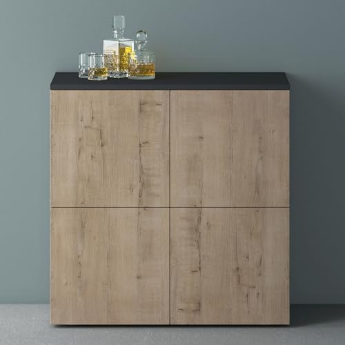 Mai & Mai Meuble de Rangement avec 4 Portes et 4 Compartiments Casier de Rangement Polyvalent Buffet Gris Noir Mat + Chêne Blanc Clair 76x36,4x74 cm SR04