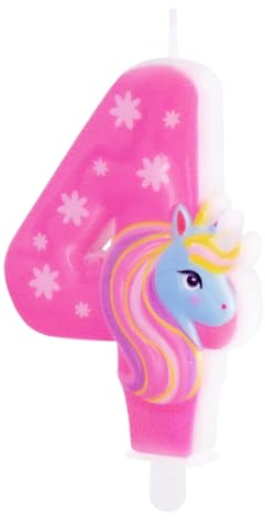 Zahlenkerzen * ROSA EINHORN * mit Steckfuß als Deko für Kindergeburtstag | ca. 11x5,5cm | Pink Lila Unicorn Tortendeko Kinder Geburtstag Geburtstagskerze Zahlen Kerzen, Farbe: Einhorn, Größe: Zahl 4