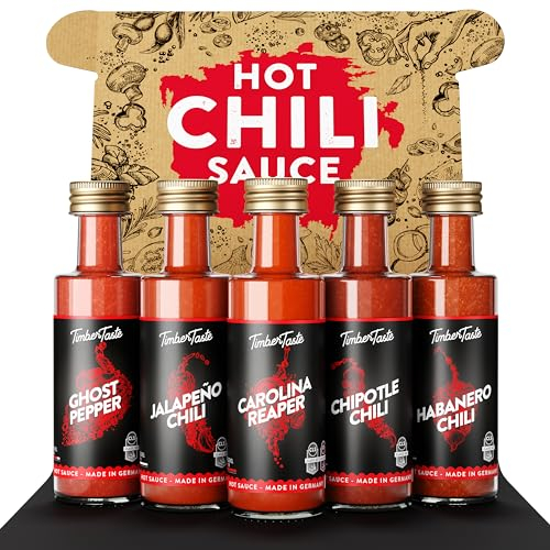 TIMBER TASTE® Chili Sauce Geschenkset [5 x 40 ml] - Hot Soße Chili Set - Scharfe Soßen Geschenk Set - Besondere Geschenke für Männer & Frauen - Grill Geschenkbox - Chilli Saucen Gewürze Geschenkset