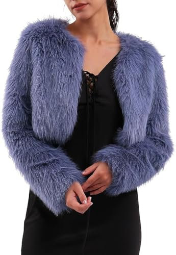 Amazhiyu Manteau d'hiver à manches longues en fausse fourrure pour femme, col rond, ouvert sur le devant, cardigan chaud en peluche, violet, L