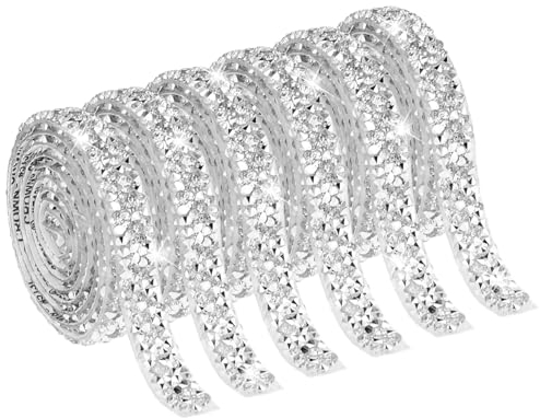 Telooco 6 Rollen Strasssteine Selbstklebend Strassband Silber Glitzerband Selbstklebende Strass Kristall Glitzer Bänder Aufkleber für DIY Kunsthandwerk Spiegel Dekoration (1 Yard, 10 mm)