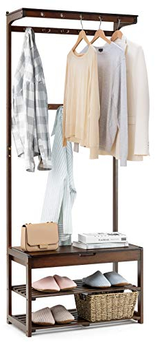 COSTWAY Coat Rack Stand, 3-in-1 Bamboo Freestanding Hall Tree Coat and Shoe Storage Bench with 10 Double Hooks, 2 Shelves and Hidden Space, Clothes Hanger Organiser Unit for Hallway Entryway Bedroom
