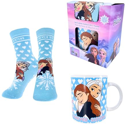 Disney Elsa Taza y Calcetines, Taza de Ceramica, Calcetines Antideslizantes Algodon, Taza Diseño Frozen Elsa y Anna, Set de Regalo para Niñas
