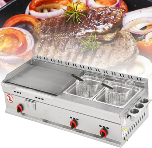 LPG Gas Grill Teppanyaki for Outdoor Camping Party - Commercial Countertop Griddle with Adjustable Temperature, Gas Deep Fryer, Restaurant Stainless Steel