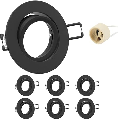 Doughelec 6er Einbaustrahler GU10 Rahmen Aluminium Schwarz, Schwenkbar Einbaurahmen Spot Einbauspots Rund Flach 68mm Lochdurchmesser inkl GU10 Fassung für LED Halogen Einbauleuchten Decke, 60-75mm