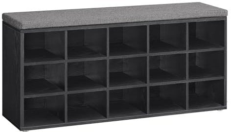 VASAGLE Schuhbank, Schuhregal mit Sitzfläche, Sitzbank mit Stauraum, Kissen, 15 Fächer, für Wohnzimmer, Flur, 30 x 105 x 48 cm, ebenholzschwarz-schiefergrau LHS015B02