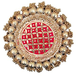 JOYFUL HOME CREATION Plaque de travail Gota Patti en bois faite à la main, décoration de table et base pour statues, dieux, plante, artisanat avec détails dorés Moti, cadeau pour Diwali, anniversaires