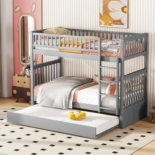 Moimhear 90 x 200 cm, literas para niños, literas triples con cama nido, barandilla alta, escalera estable (gris)