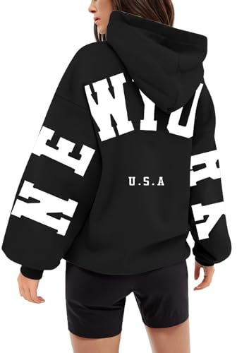 Generisch Backprint Hoodie Damen Mit Newyork Aufdruck Oversize Pullover Mit Kapuze College Hoody Athletic Sweatshirt Baumwolle Freizeit Kapuzenpullover Langarm Oberteile Langarmshirt Tops