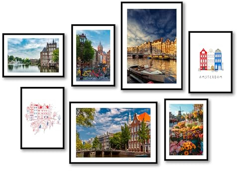 MJ-GRAPHICS® - Amsterdam Wandbilder Wohnzimmer Stadt Poster, 2x A2 & 5x A3, Bilder Wohnzimmer, Niederlande, Grachten, Tulpen, Boote Bilder Schlafzimmer, Wandbilder ohne Rahmen
