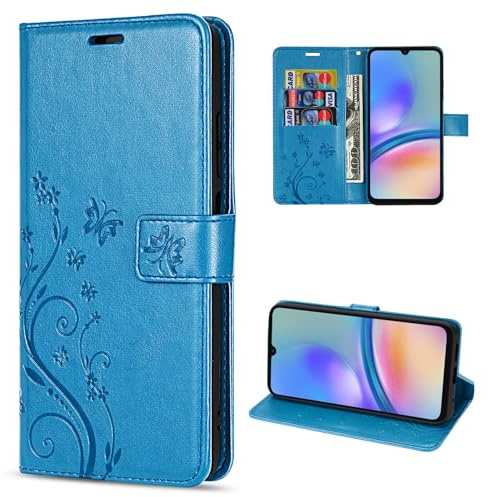 Hülle Kompatibel mit Samsung Galaxy A05s | Premium PU Leder Handyhülle Wallet Case für Galaxy A05s | Schutzhülle Blumen Klapphülle Handyhülle | Blau
