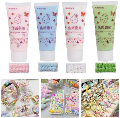 4 Colors (50ml Each) Cream Glue for DIY Crafts, 4 Pcs Decoden Cream DIY Phone Case Kit with 4 Plastic Decorating Mouth, Perfect for Handmade Crafts and Decorations (4 Colors)