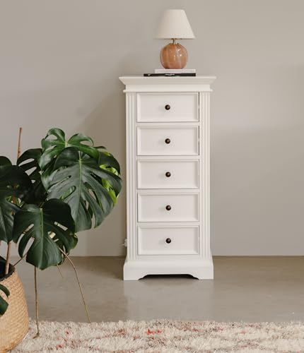 Gainsborough Narrow Chest of Drawers | 5 Drawer Bedroom Tallboy, White | W55cm, H118cm, D42.5cm | Hampton Style, Hand-Carved Details, Bevelled Edges, Assembled, Choice of Handles (metal-handles)