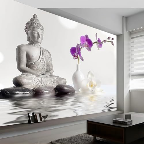 Vlies Fototapete Meditationismus Orchidee Felsen Tapete 250 x 175 cm (B x H), Moderne Vliestapete 3d Effekt Wand Dekoration Hellfarbe Motivtapeten Wandtapete Wohnzimmer Restaurant Kinderzimmer
