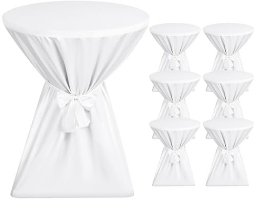 Showgeous 6er-Set Premium Stehtischhussen 80 cm Weiß Tischhussen für Stehtische 80 cm Stehtisch Husse, rutschfest & Waschbar Stehtischüberzug Schleifenband, Husse für Stehtisch Bistrotisch