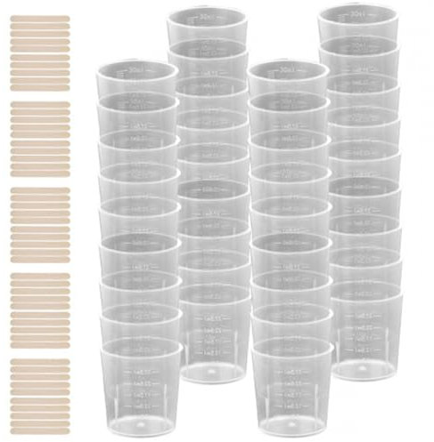 Dokeno 40pcs Vasos Graduados de Plástico, 30ml Vaso Medidor Cocina Vaso Medidor Plastico Vasos Medidores Graduados con 50 Piezas Palos de Madera para Mezclar Pintura Epoxi Resina Laboratorio