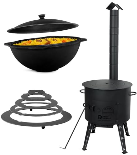 Ø49cm Uchag 2mm stahl Utschak mit Adapter-Ringe Rohr 22L | Kazan Kasan Utschag Feldküche Feuerstelle Campingofen Außenküche Eintopfofen