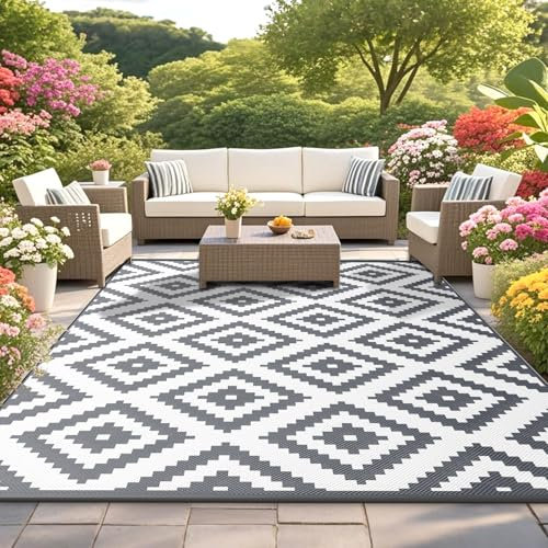Habaylin Outdoor Teppich Wetterfest, Wendbarer Balkon Teppich 150x240 cm, Leichtgewicht Picknickdecke Vorzeltteppich für Camping Terrasse Garten, Grau