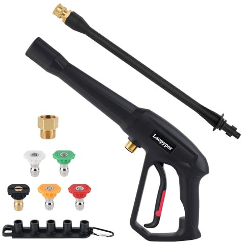 Pressure Washer Gun with Power Wash Extension Wand,5 Spray Nozzle Tips, M22-15mm & M22-14mm Fitting Compatible with Karcher, Ryobi, Greenworks,Powerstroke Electric Pressure Washer-4000 PSI MAX