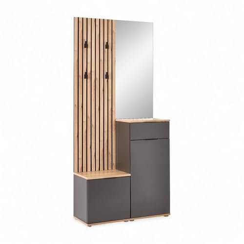 Stella Trading Simple Flurgarderoben Set in Artisan Eiche Optik, Anthrazit - Moderne Kompaktgarderobe mit Spiegel für Ihren Eingangsbereich - 88 x 195 x 35 cm (B/H/T)