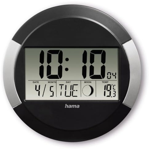 Hama Wanduhr Digital mit Funk (Funkuhr ohne tickgeräusche, Digitaluhr mit LCD-Display, Thermometer, Kalender, Mondphase, inkl. Batterie zum aufhängen oder hinstellen) schwarz- Silber