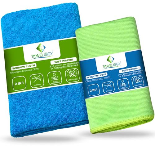 Towelogy® Premium Window Cleaning Cloths - Set Of 2 | Streak & Smudge Free Windows, Just With Water | Microfibre Window Cleaner Cloth | Lint Free Glass Cloths For Windows | Effective & Reusable