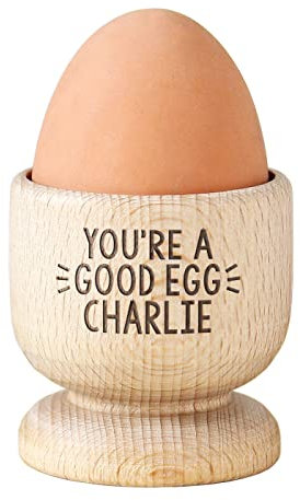 Personalised Egg Cup. Wooden Egg Cup Personalised Over 3 Lines.