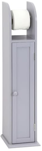 Free Standing Wooden Toilet Paper Roll Holder & Storage Cabinet – Grey Multifunctional Bathroom Organizer with Top-Mounted Holder & Internal Shelf – W18 x D20 x H79cm