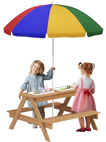 AIYAPLAY Kinder-Picknick-Tisch, Sand- und Wassertisch mit Holzbänken, verstellbarem Sonnenschirm und Aufbewahrungsboxen, Gartenmöbel für Kinder von 3-6 Jahren, Mehrfarbig