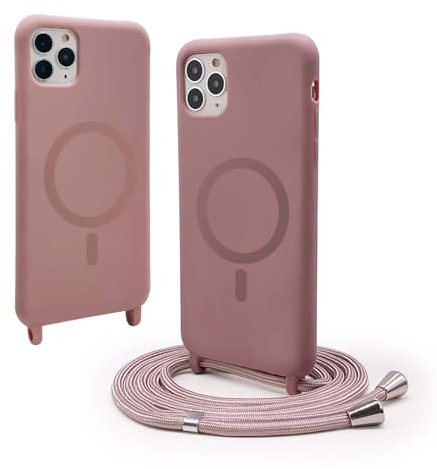 BGHHEU Magnética Funda con Cuerda para iPhone 11 Pro MAX [Compatible con Magsafe],Ajustable Collar Correa de Cuello CordónCarcasa de Silicona,Carcasa Protectora Silicona AntiChoque,Rosa Gold