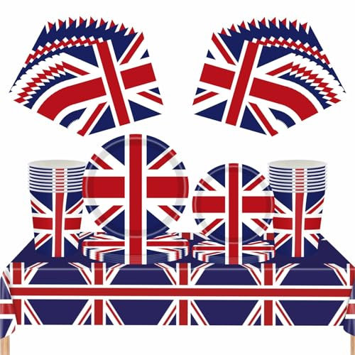 69Pcs Union Jack Party Tableware Set,VE Day 80th Anniversary Table Decorations UK Flag Paper Plates,Napkins, Cups, and Table Cloth,Great Britain Dinnerware for Union Jack Royal Party