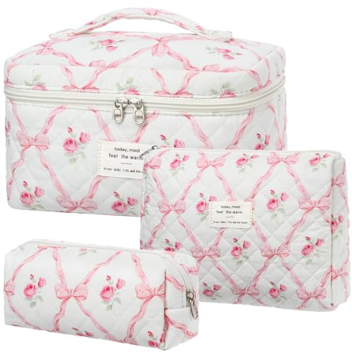 BuyCard Lot de 3 Trousses de Toilette pour Femme avec Motif Floral - Trousse de Toilette matelassée - Portable - pour Les Voyages et la Vie Quotidienne (3, Pink Blossom)