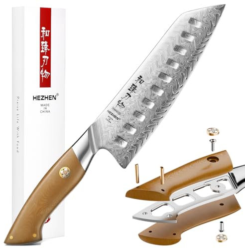 HEZHEN Damasco Coltelli da Santoku,Coltelli da Chef Stile Giapponese Coltello da Cucina Gyuto,Full Tang Manico in Micarta di Lino