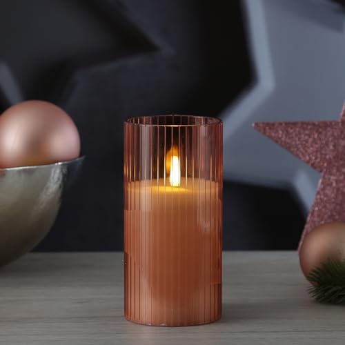 MARELIDA LED Kerze im Glas Windlicht Echtwachs flackernd Timer rosa (15cm Höhe)