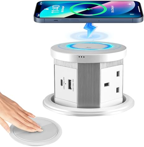 Neulriscn Pop Up Socket with Wireless Charger, Pop Up Socket for Kitchen Worktops, 3 Outlets, 1 USB-A, 1 USB-C, 15W Wireless Charging, Automatic Recessed Power Sockets for Office Countertops (White)
