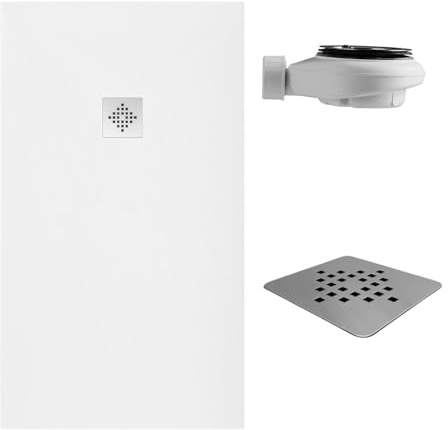 SoulHome Receveur de douche Résine 220x90 Blanc Grille Standard | Antidérapant C3, extra-plat, résine et charge minérale, texture pierre lisse, antibactérien, gel-coat, + bonde d'évacuation