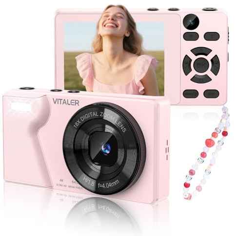 Digitalkamera 64MP Fotokamera 4K, Doppelobjektiv,Gehäuse aus Zinklegierung | 2000-mAh-Akku,2,8 LCD Bildschirm und 18X Digitalzoom Autofokus-Kompaktkamera für Jugendliche,Anfänger(Rosa,OHNE SD-KARTE)