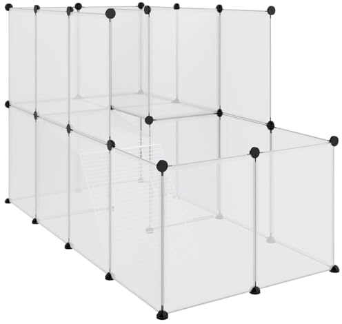 Kleintierkäfig mit Leiter, Kleintiergehege, Katzenlaufstall, 2-Stöckige Haustierkäfig für Katzen, Hasen, Chinchillas, Transparent 142x74x93 cm PP und Stahl