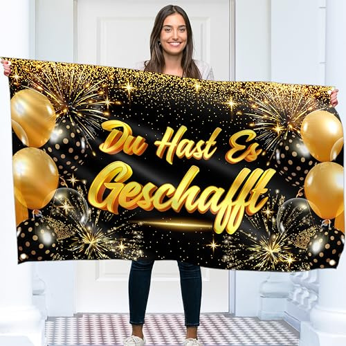 Du Hast Es Geschafft Banner 150 x 90 cm – Herzlichen Glückwunsch Girlande – Prüfung Bestanden Deko – Wir Sind Stolz Auf Dich Für Abi, Abitur 2026 (Schwarz & Gold)