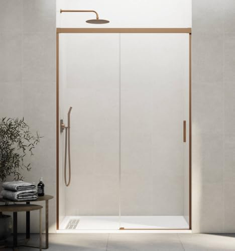 Imex - Box doccia frontale oro rosa spazzolato, 1 fissa + 1 scorrevole, 140 cm, in vetro reversibile, larghezza adattabile 135-140 cm, altezza 196 cm e vetro temperato da 6 mm, anticalcare