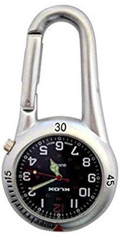 Klox Unisex-Uhr Schwarzes Zifferblatt Analoges Quarzwerk mit Weiß-Silber-Clip am Karabiner